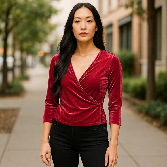 Express One Eleven Red Faux Wrap Velvet Red Blouse Size XS 0-2 - Picture 1 of 6